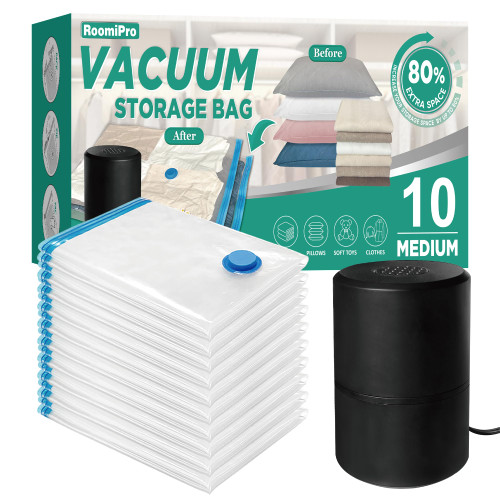 Roomipro Vacuum Storage Bags with Electric Pump, 10 Pack Medium, Space Saver Bags with Pump, Storage Vacuum Sealed Bags for Clothes, Comforters, Blankets, Bedding
