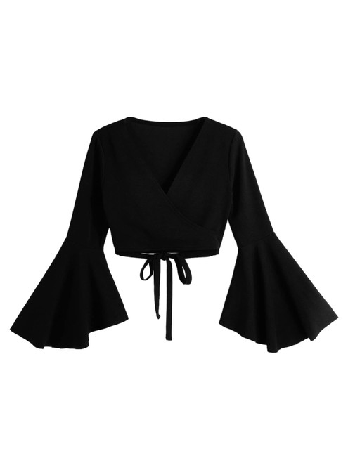 SOLY HUX Women's Surplice V-Neck Long Bell Sleeve Wrap Tie Back Crop Top Blouse Solid Black L SOLY HUX Women's Surplice V-Neck Long Bell Sleeve Wrap Tie Back Crop Top Blouse Solid Black L