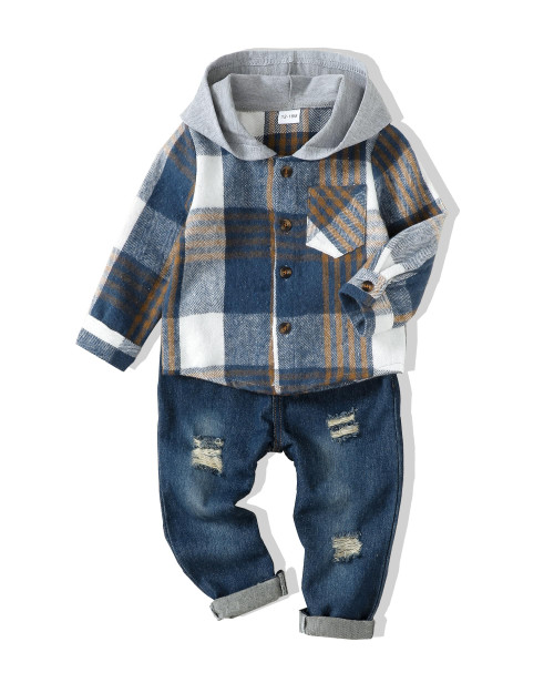 XUANHAO 18 Months Boy Clothes Toddler Outfits Winter Clothing Boys 18 Months Long Sleeve Hoodie Plaid Tops Denim Pants Fall 18-24 Months Boy Clothes