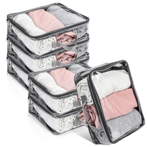 6 Pieces Large Clear Travel Packing Cube Clear Vinyl Zippered Storage Bags See Through Moving Bag PVC Multipurpose Pouch with Handle for Suitcase Shirts Dress Storage (Gray, 11.8 x 10.2 x 3.9 Inch)