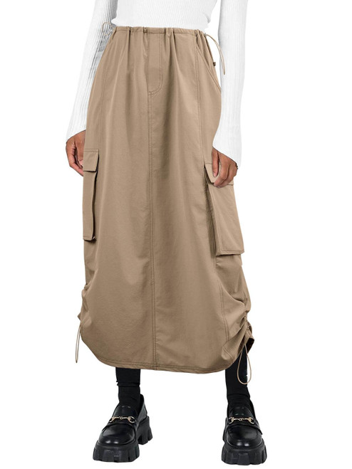 Wenrine Women's Drawstring High Waist Maxi Cargo Skirt Y2k Vintage Harajuku Long Skrits with Pockets Streetwear Khaki