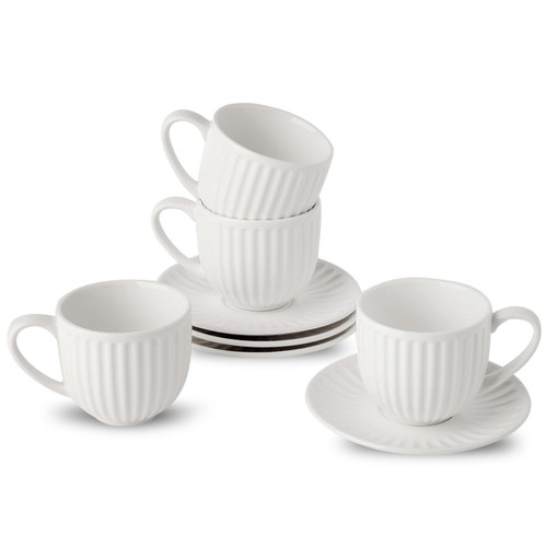 Hasense Ceramic Cappuccino Cups and Saucers - 8 Oz, Large Ribbed Latte Cups Set of 4 for Coffee,Tea,Latte and Macchiato, Demitasse Cups Set Aesthetic Gifty, White