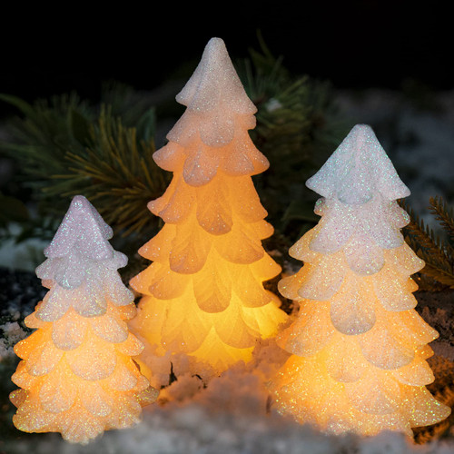 Yongmao Glittering Christmas Tree Shaped Flickering Flameless Candles with Timer, Real Wax Battery Operated LED Candles for Christmas Home Party Decoration Christmas Gift(White, Set of 3)