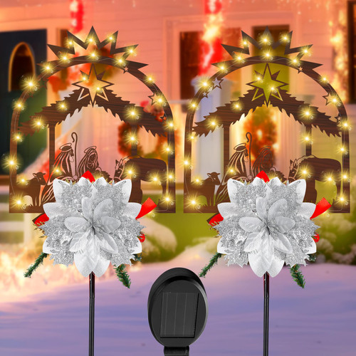 Baquler Nativity Scene 2 Pcs LED Outdoor Yard Stakes Metal Christmas Light Decorations Christmas Yard Decoration for Xmas Outdoor Pathway Garden Lawns (Silver)