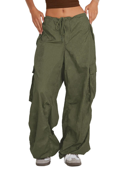 ARTFREE Women's Cargo Pants Baggy Parachute Pants Drawstring Low Waist Sweatpants Loose Y2K Trousers with Pockets Army Green