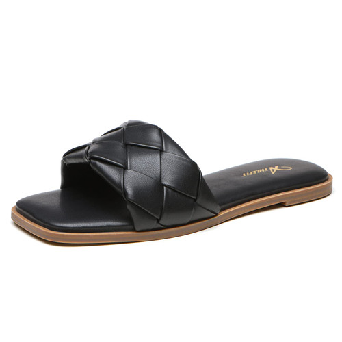 Athlefit Women's Braided Flat Sandals Square Open Toe Woven Slip On Slide Sandals Black Size 9