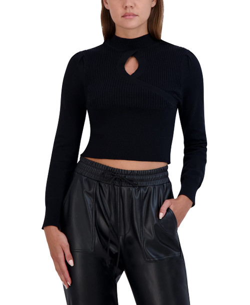 BCBGeneration Women's Fitted Long Sleeve Sweater Mock Neck Front Keyhole Cross Over Top, Black, Small