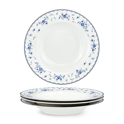 fanquare 8 Inch Porcelain Soup Bowls Set of 4, Round Pasta Plates Set for Salad, Dessert, Snack, Blue Roses