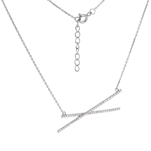 Sterling Silver Cubic Zirconia Cross Bar Necklace Micro Pave Rhodium Finish 15-16 inch