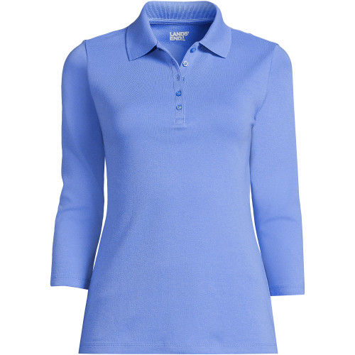 Lands' End Womens 3 Quarter Sleeve Cotton Interlock Polo Chicory Blue Regular X-Large