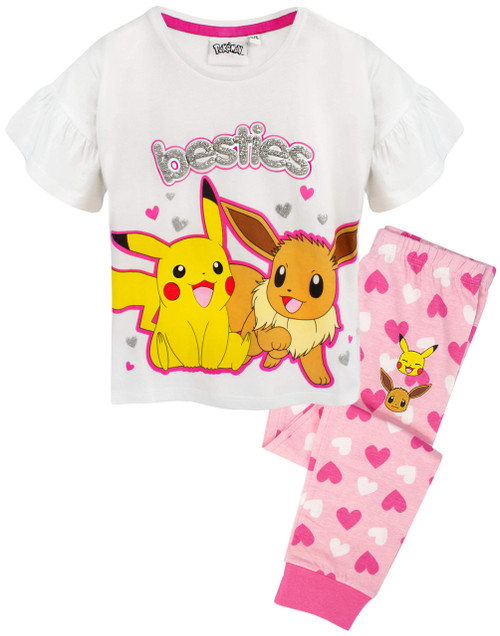 Pokemon Pyjamas For Girls | Kids Pikachu & Eevee Frill Sleeve Long OR Short Leg PJs | Girl Gamer Merchandise 6-7 Years