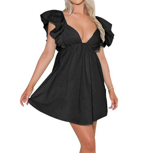 hibshaby Sexy Deep V Neck Ruffle Sleeve Mini Backless Lace Up Babydoll Summer Short Dress Black XS