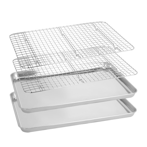 BIEAMA Baking Sheet with Grid Rack Set (2 Pans + 2 Racks), 17.3 x 12.2 x 1" Stainless Steel Cookie Sheet with Cooling Rack, Nonstick Baking Pan Oven Tray and Rack