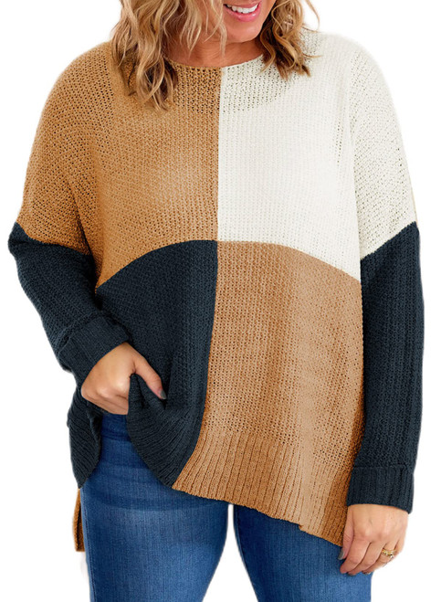 Eytino Womens Plus Size Casual Long Sleeve Crew Neck Colorblock Pullover Sweater Knitted Tops,4X Blue