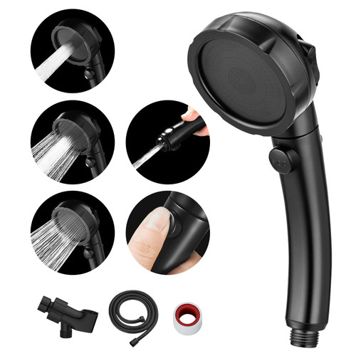 MIAOHUI Modern Handheld Shower Head with On Off Switch, High Pressure Shower Head with Handheld, 3 Spray Settings Removable Shower Head with Hose, Angle Adjustable Shower Bracket, Teflon Tape (Black)