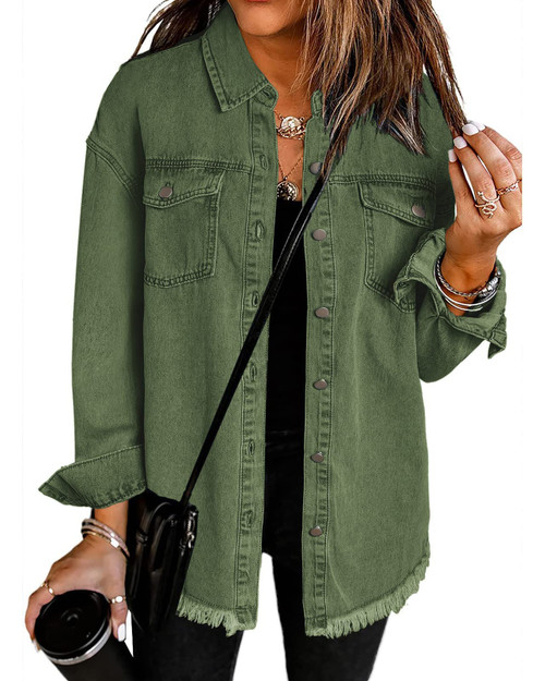 Vetinee Women's Womens Spring Jacket Oversized Boyfriend Elm Green Front Button Up Frayed Raw Hem Long Sleeve Pockets Denim Jean Jacket Shacket Large Size 12 Size 14