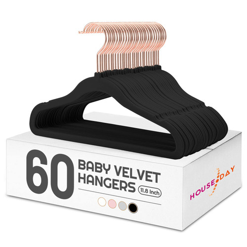 HOUSE DAY Velvet Baby Hangers for Closet, Kids Hangers Velvet 60 Pack, Non Slip Toddler Hangers 11.8 Inch, Cute Baby Clothes Hangers, Durable Childrens Hangers Newborn Hangers for Baby Clothes- Black HOUSE DAY Velvet Baby Hangers for Closet, Kids Hangers Velvet 60 Pack, Non Slip Toddler Hangers 11.8 Inch, Cute Baby Clothes Hangers, Durable Childrens Hangers Newborn Hangers for Baby Clothes- Black