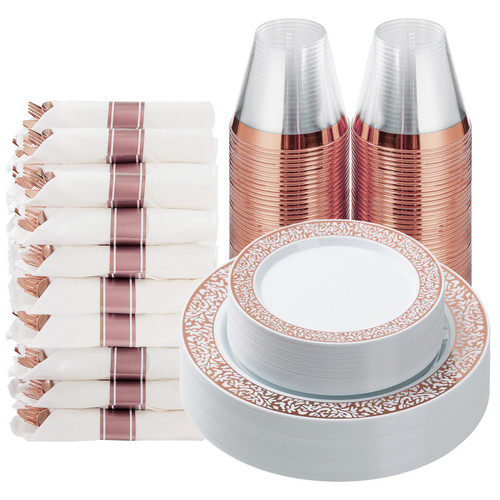 175 Piece Rose Gold Plastic Dinnerware Set for 25 Guests, Disposable Lace Plates for Party, Include: 25 Rose Gold Dinner Plates, 25 Lace Dessert Plates, 25 Pre Rolled Napkins with Silverware, 25 Cups