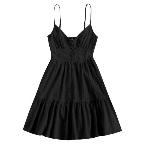 ZAFUL Women's Casual V Neck Summer Mini Dress Spaghetti Strap A-Line Short Dresses Backless Solid Color Sundress (A-f Black,M)