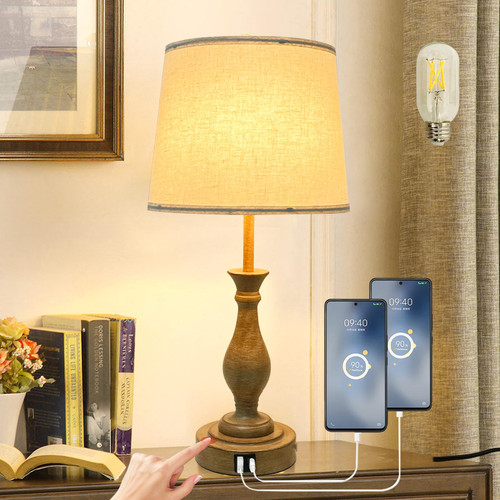 Farmhouse Table Lamp Touch Control 3-Way Dimmable Table Lamp, Modern Nightstand Lamp with 2 USB Port Bedside Desk Lamp with Fabric Shade for Living Room Bedroom Hotel (Pack-01A)