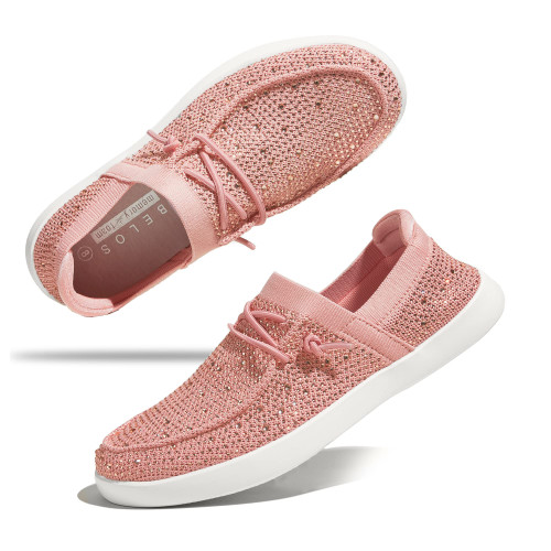 BELOS Women's Rhinestone Lace Up Loafers Shoes Comfortable Slip On Mesh Knit Walking Shoes Fashion Lightweight Sparkly Glitter Sneaker(Pink,11