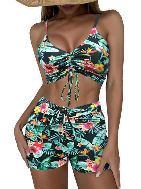 Swmmer Liket High Waisted Bikini Sets for Women Boy Shorts Swimsuits Sporty Bathing Suit Green Leave