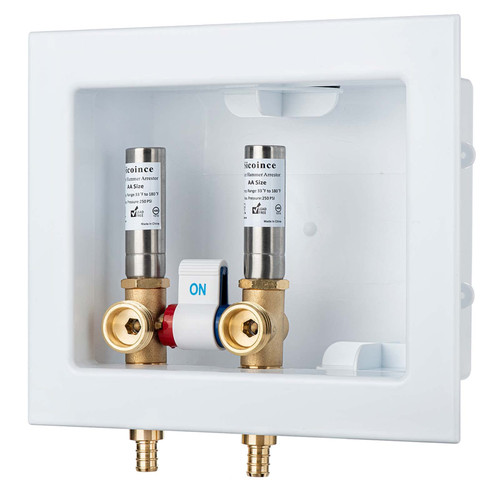 sicoince Washing Machine Outlet Box with Water Hammer Arrestor and Together Control Valves, Stop Hammering Reduce Banging Noise, Inlet 1/2 Inch PEX F1807(Fit PEX abc Pipe), Outlet 3/4 Inch Male Thread