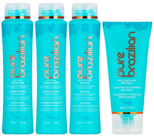 PURE BRAZILIAN - 4 Piece Essential Travel Size Kit: Anti-Frizz Shampoo, Conditioner, Serum & Masque