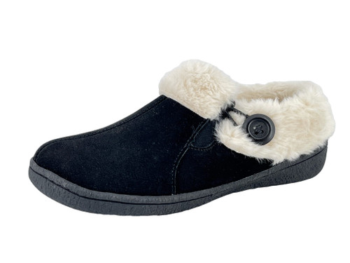 Clarks Womens Suede Leather Slipper with Gore and Bungee JMH2213 - Warm Plush Faux Fur Lining - Indoor Outdoor House Slippers For Women (8 M US, Black)