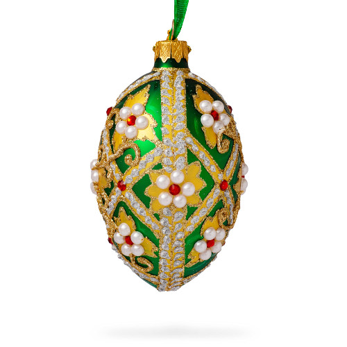 Jewels on Green Glass Egg Christmas Ornament 4 Inches