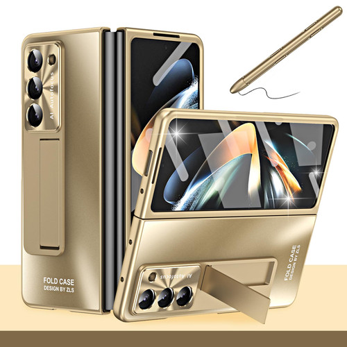 Miimall Case Compatible for Samsung Galaxy Z Fold 3 Case with S Pen, Built-in Front Screen Protector + Kickstand + Pen Holder Luxury Drop-Proof Protection Case for Galaxy Z fold 3 5G (Champagne Gold)