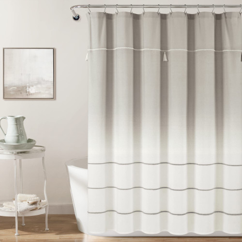 Lush Decor Ombre Embroidery Tassel Cotton Shower Curtain, 72" x 72", Gray