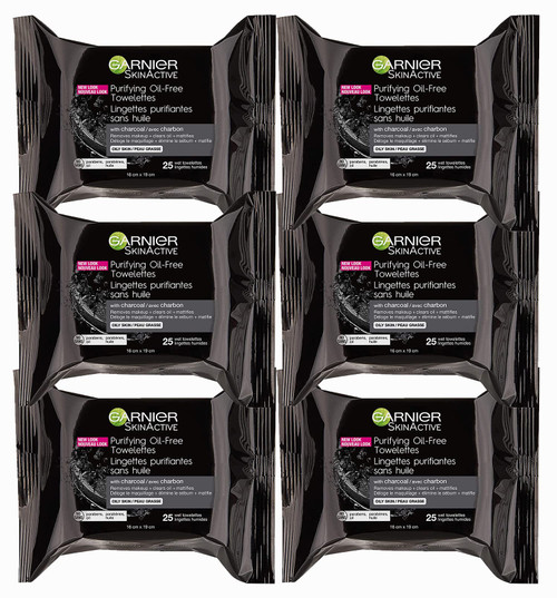 Garnier SkinActive Clean+ Charcoal Oil-Free Makeup Remover Wipes, 25 Count, 6 Pack