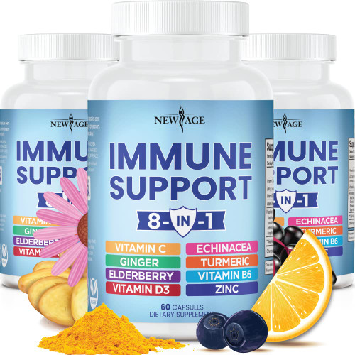 8 in 1 Immune Support Booster Supplement with Echinacea, Vitamin C and Zinc 50mg, Vitamin D 5000 IU, Turmeric Curcumin & Ginger, B6, Elderberry (8 in 1 Capsules (Pack of 3))