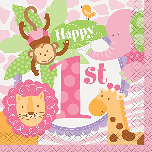 Pink Safari First Birthday Beverage Napkins, 24ct