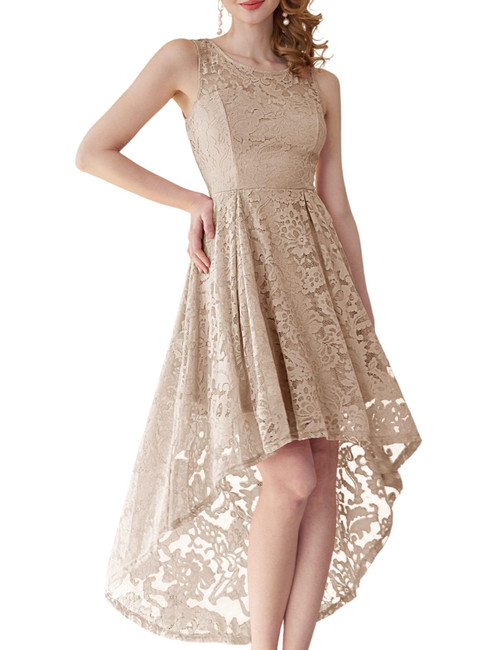 MUADRESS Women's Elegant Floral Lace Dress Sleeveless Crew Neck Hi-Lo Cocktail Dress for Evening Party Champagne XL