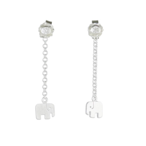 NOVICA Handmade .925 Sterling Silver Dangle Earrings Elephant Chain from Thailand Cubic Zirconia Clear Animal Themed Birthstone [1.2 in L x 0.2 in W] 'Cute Elephants'