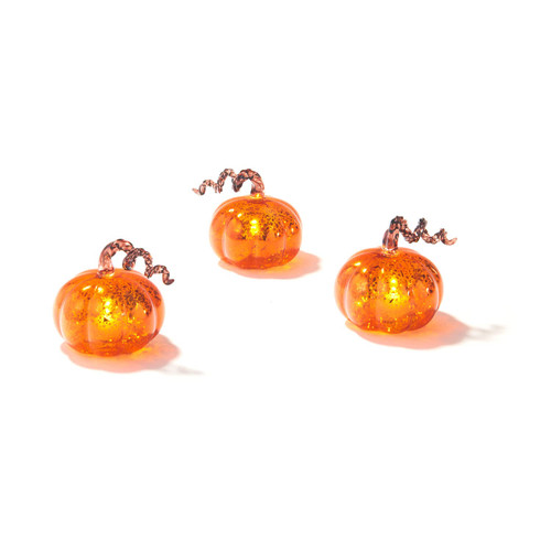 LampLust Mini Glass Pumpkins for Decorating - Set of 3 Fall Pumpkin Decorations, LED Lights Inside, Orange Mercury Glass, Battery Operated, Thanksgiving Decor, Halloween Decoration