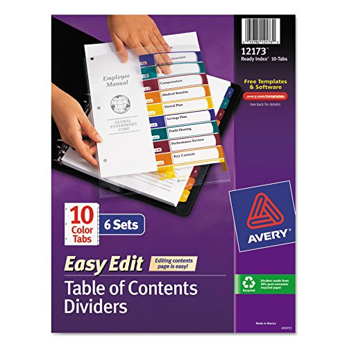 Avery Ready Index Easy Edit Table of Contents Dividers, 10-Tab, 6 Sets (12173)