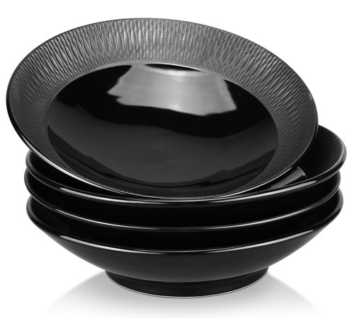 Yedio Pasta Bowls, Porcelain Salad Bowls for Kitchen, Shallow Pasta Bowls Set, Pasta Bowls, Microwave Dishwasher Safe (Black, 38 oz)
