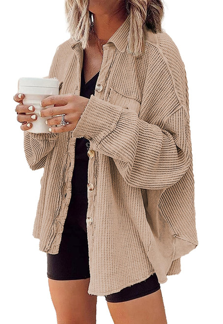 EGOCKAL Women's Oversized Waffle Knit Shacket Jackets corduroy Long Sleeve Button Down Shirts Casual Loose Fit Blouses Tops