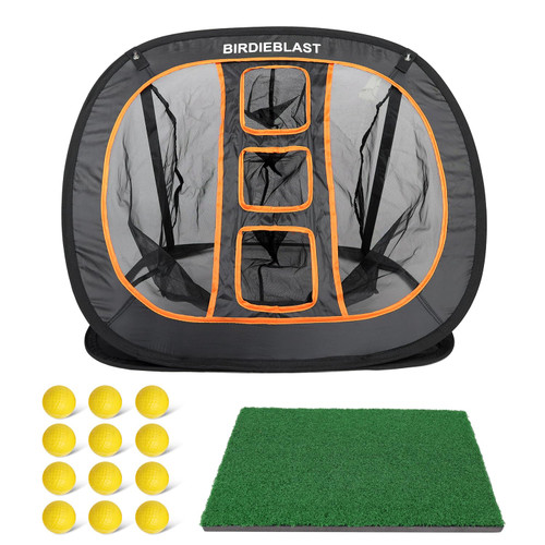 BIRDIEBLAST Professinoal Golf Chipping Net with Golf Hitting Mat,12 Practice Foam Balls and 2 Pixing Pins, for Indoor and Outdoor Target Chipping Training (Chipping Net+Turf Hitting Mat)