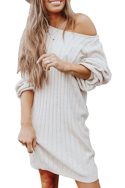 PRETTYGARDEN Women's Pullover Sweater Dresses Casual Long Sleeve Ribbed Knit Crewneck Loose Oversized Sweaters (Beige White,X-Large)