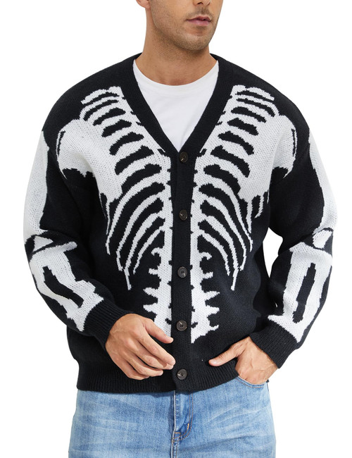 Arssm Men Skeleton Cardigan Sweater Oversized Long Sleeve Button Down Open Front V Neck Sweater(Black-L)