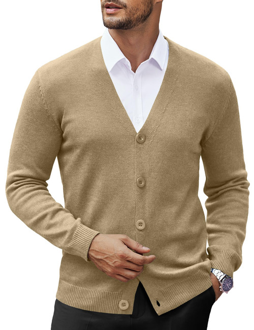 COOFANDY Men's V Neck Cardigan Sweater Casual Lightweight Button Down Knitted Cardigan Sweater Khaki