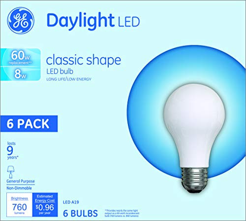 GE Lighting 91076 Light Bulb Daylight A19 LED 8 (60-Watt Replacement), 760-Lumen Medium Base, 6-Pack, Piece