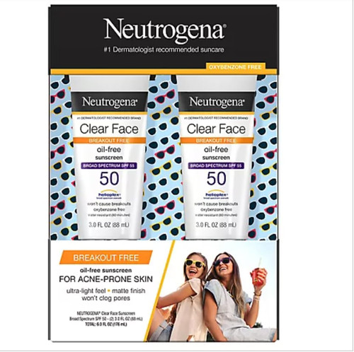 Neutrogena Clear Face Liquid Lotion Sunscreen for Acne-Prone Skin, Broad Spectrum SPF 50 UVA/UVB Protection, Oil-, Fragrance- & Oxybenzone-Free Facial Sunscreen, Non-Comedogenic, 3 fl. oz (2pack)