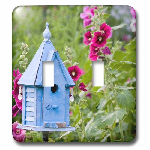 3dRose lsp_206204_2 Blue Birdhouse Near Hollyhocks, Alcea Rosea. Marion, Illinois, USA. Double Toggle Switch