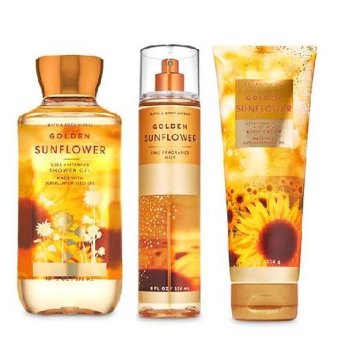 Bath and Body Works Golden Sunflower Body Care Set. Shower Gel 10 Fl Oz, Fine Fragrance Mist 8 Fl Oz and Body Cream 8 Fl Oz.
