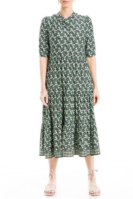 Max Studio Women's Elbow Cuffed Sleeve Button Placket Midi Dress, Black/Green Daisy Filled Field